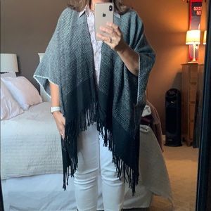 LOFT Black & Grey Fringed Cape/Poncho One Size
